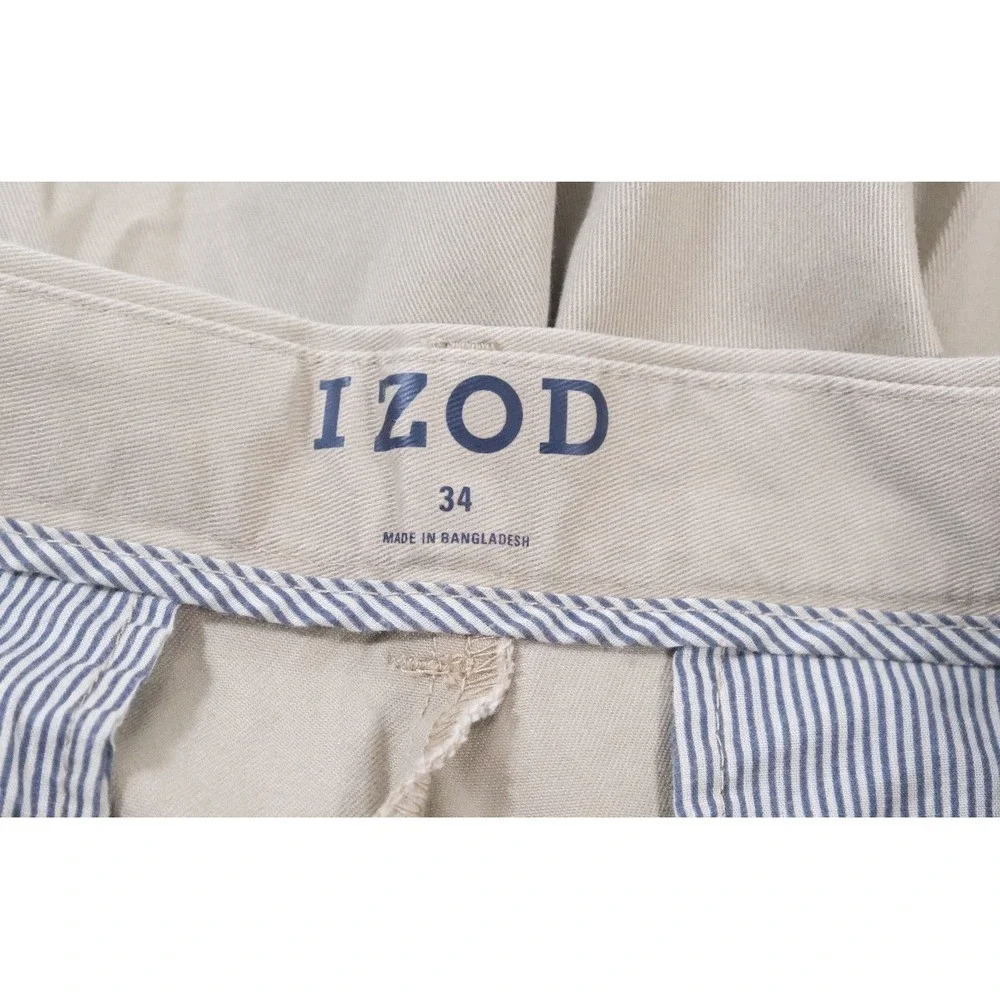 IZOD Shorts Mens 34 Khaki Chino Flat Front Cotton Blend Casual Classic Fit